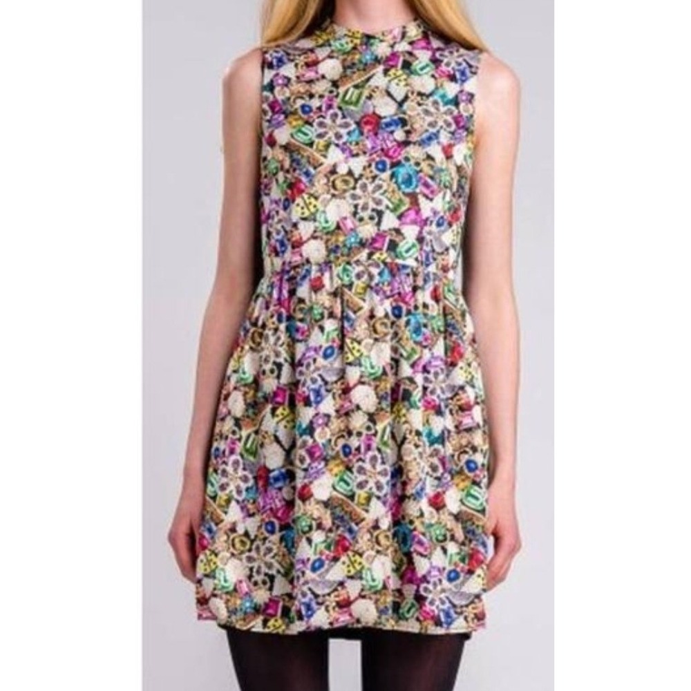 I. Madeline Jewel Gemstone Print Sleeveless Fit Flare Mini Dress Black Sz L Glam
